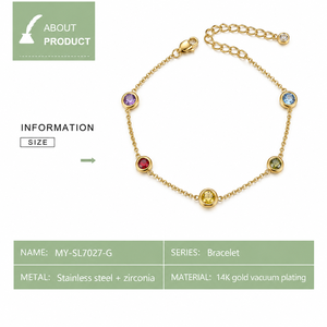 สร้อยข้อมือโซ่ประดับเพชรเซอร์โคเนียห้าเม็ด สีทอง สแตนเลสสตีล ชุบสูญญากาศทอง 14K ประดับขอบหลากสี - Product Image 2