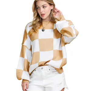 New style crew neck sweaters for women drop shoulder oversize long sleeve plaid cotton knitting plus size women's sweater