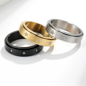 Star Pattern <b>Titanium</b> Steel Rotating <b>Ring</b> Unisex Jewelry Gift Gold <b>Black</b> Silver Color Pave Setting Stress Relief Accessory - Product Image 1