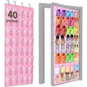 Over The Door <b>Shoe</b> Organizer 40 Pockets Clear PVC Waterproof Hanging Storage For Closet Bathroom Pink - Product Image 1
