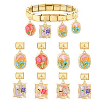 Bracelet à breloques italien créatif fait à la main en acier inoxydable plaqué or 18 carats, perle dégoulinante d'huile colorée, fleur, breloque italienne