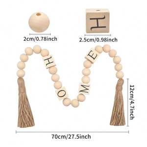 Guirnalda de cuentas de madera para el hogar 2024 con borla de cuerda de cáñamo cuadrada impresa colgante creativo de estilo de granja DIY para decoración del hogar - Product Image 6
