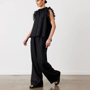 Enyami Ensemble Pantalon Et Haut Pour Mujer <span class=keywords><strong>Dame</strong></span> con balze a maniche a balze camicia a vita alta pantaloni larghi Set 2 pezzi - Product Image 4