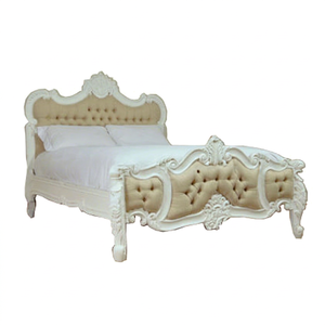 <b>Queen</b> <b>Size</b> White Antiqued French Rococo <b>Bed</b> Frame Solid Mahogany Wood Modern European Style Upholstery Home Hotel Bedroom Set - Product Image 1