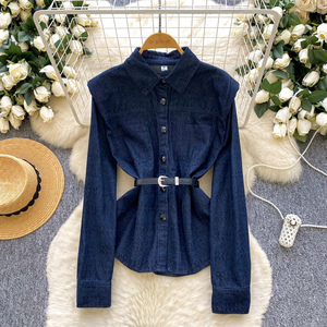 Camicette autunnali a maniche lunghe con collo rovesciato <span class=keywords><strong>Vintage</strong></span> in Denim da donna camicie solide da donna con <span class=keywords><strong>top</strong></span> retrò vestiti da donna all'ingrosso - Product Image 2
