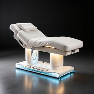 เตียงนวดหน้าไฟฟ้าสีขาว หุ้มหนัง PU ปรับระดับได้ พร้อมไฟ LED ควบคุมด้วยเท้า - Product Image 3