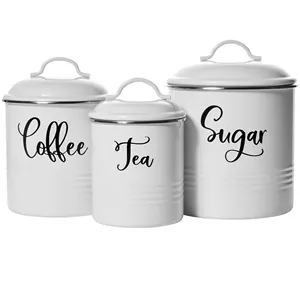 Custom White Rustic Farmhouse Kitchen Canisters Set of 3 - Metal Airtight Tea Sugar Coffee Containers Canister Jars