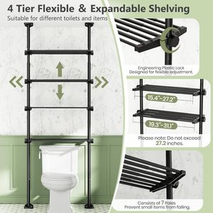 Étagère de rangement sur pied en métal CF sans perçage, 4 niveaux, largeur et hauteur réglables, gain de place, pour salle de bain, à placer au-dessus des toilettes - Product Image 4