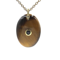Pendentif minimaliste géométrique ovale en pierre naturelle avec incrustation de strass, plaqué or, améthyste/obsidienne/œil de tigre