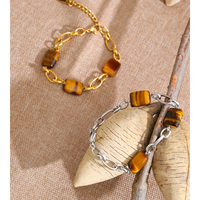 Pulsera de Cadena Chapada en Oro de Acero Inoxidable de Moda XY 2046, Pulsera de Estilo Distintivo con Cuentas Geométricas de Piedra Natural Marrón