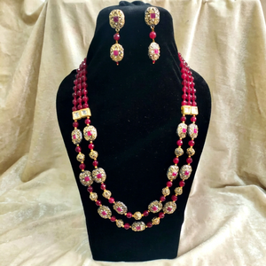 Conjunto de collar de lujo de 2 capas con cuentas rojo rubí, chapado en oro, estilo Kundan Polki, joyería nupcial llamativa con pendientes a juego para - Product Image 1