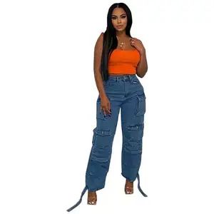 Moda caliente de la moda de múltiples bolsillos de gran tamaño Jeans Overoles