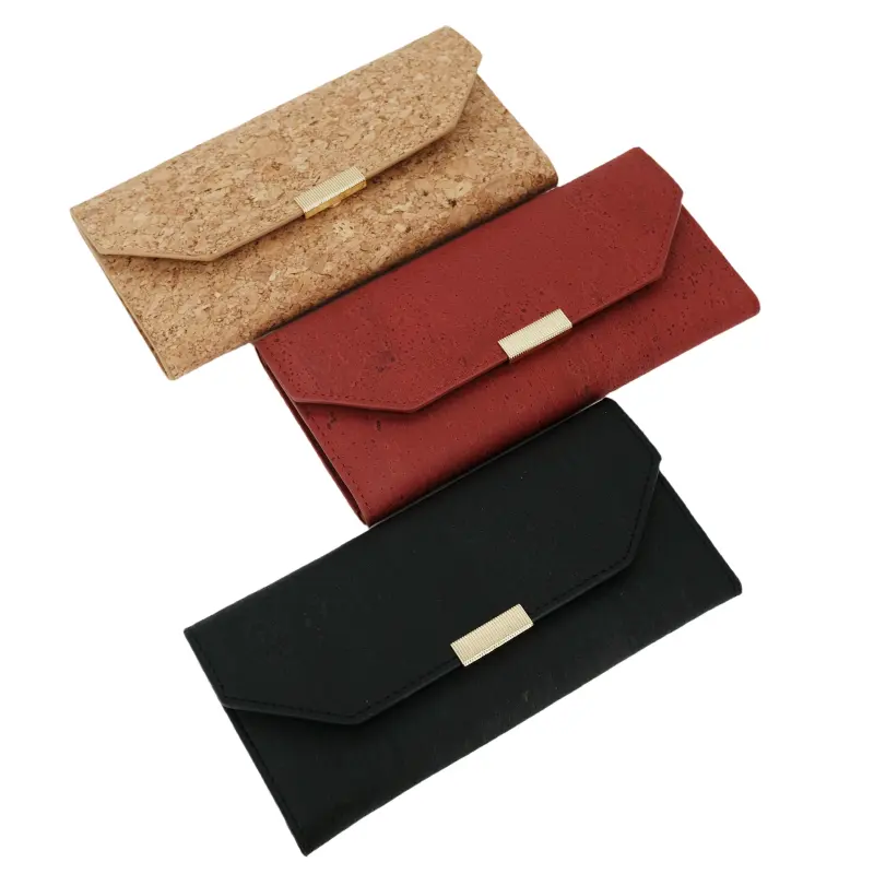 Wholesale Custom Eco Friendly Vegan Cork Leather Trifold Wallets Ladies Long Card Holder Wallet Womens Wallet Purse