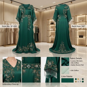 Vestido Kaftán Verde Esmeralda con Cinturón Bordado y Borlas de Cristal, Elegante Vestido Largo de Fiesta para Eventos Formales - Product Image 3