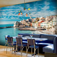 Mural 3D pemandangan Mediterania langit biru dan awan putih Wallpaper latar belakang Tv ruang tamu rekreasi Bar Cafe Wallpaper