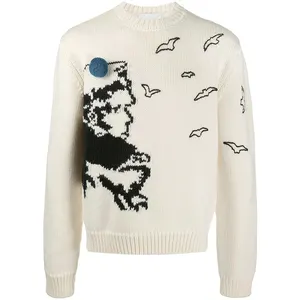 Oem Trui Fabrikant Custom Dikke Intarsia Lange Mouwen Crew Neck Knit Jacquard Kasjmier Wollen Trui Mannen Trui Gebreide