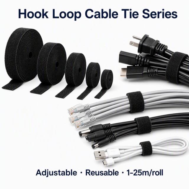 Reusable Adjustable Hook Loop Cable Tie Straps, Wire Management Organizer, Custom Length Color Printing, 1-25m/Roll