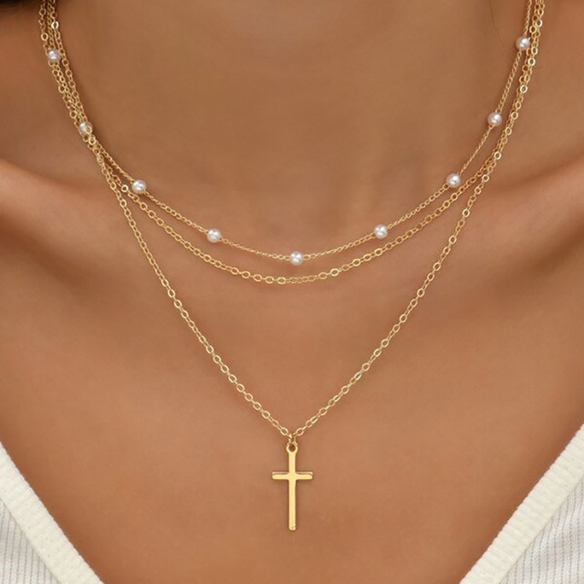 Multi-layered Clavicle Layered Necklace New Choker Necklace Simple Chain Cross Three-layer Pearl Chain Cross Necklace