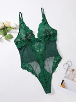 Combinaison en satin à fleurs vert émeraude pour femmes grandes tailles, dentelle fine semi-transparente, décolleté en V profond, bretelles réglables, respirante, romantique