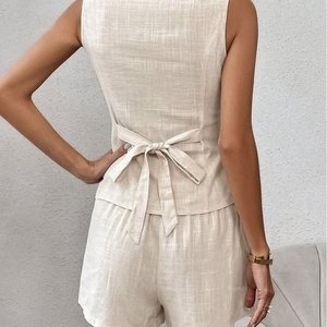 Custom Commuter Style Casual Sleeveless <b>Linen</b> <b>Sets</b> for Women 2 Piece V-Neck Vest Elastic Ladies Shorts and Top <b>Set</b> - Product Image 2