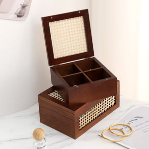 Solid Wood Storage <b>Box</b> Rattan Lattice Top Jewelry Organizer Desktop Storage Black Walnut Color 18L Capacity - Product Image 2