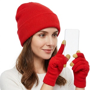 Unisex Beanie Winter Knitted Hat With Touchscreen Gloves Solid Color Warm Casual Outdoor Wear 100% Acrylic Brown - Product Image 2