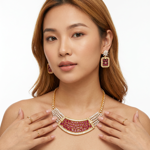Luxury Brass Gold Plated <b>Ruby</b> Emerald CZ Diamond Choker <b>Necklace</b> Matching Earrings Indian Bridal Wedding Jewelry Set - Product Image 2