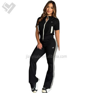 Conjunto de pantalones de 2 piezas con cremallera de manga corta informal para mujer, conjunto de pantalones de pierna ancha holgados con estampado de diseñador y conjunto de Top, conjunto de pantalones para correr de 2 piezas - Product Image 5