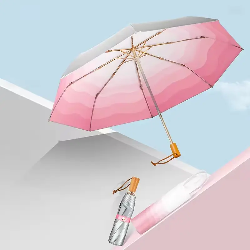مظلات فاخرة Upf50+ 8k مظلات بضوء الجيب ومطر 3 مظلات قابلة للطي للنساء فضية بمقبض مسطح فوق بنفسجي