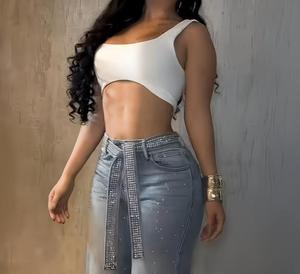 Nouveaux jeans pour femmes de style européen et américain avec design en strass, jeans décontractés avec ceinture, pantalon droit taille haute en stock - Product Image 6