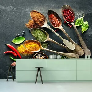 3D foods drinks spice herbs fruits spoon kitchen restaurant wallpaper self adhesive mural