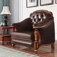 Juego de Sofás de Cuero Genuino para Sala de Estar, Estilo Retro, en Forma de U, 123 Asientos, Madera Maciza, Piel de Vacuno de Primera Capa, Estilo Europeo Americano