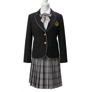 Uniforme escolar de diseño personalizado gratuito, conjuntos de 2 piezas personalizados, chaqueta de manga larga y Falda midi plisada, conjunto de uniforme