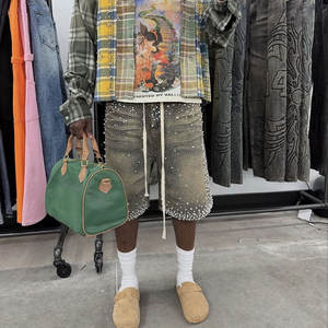 <span class=keywords><strong>Shorts</strong></span> in Denim con strass di perle lavate Vintage di alta qualità da uomo con Logo personalizzato Oem - Product Image 6