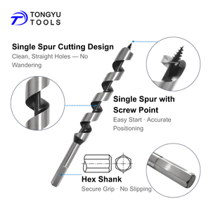 6-delige set houtboorbits met zeskantige schacht, enkele spiraal, zelfvoorzienend, voor diep boren in hout, met houten koffer - Product Image 3