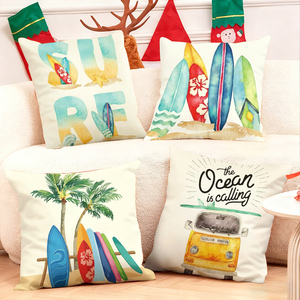 Bantal hias bernuansa laut menghiasi ruang tamu yang nyaman dengan papan selancar, pohon palem, dan mobil van vintage untuk dekorasi pecinta pantai. - Product Image 1