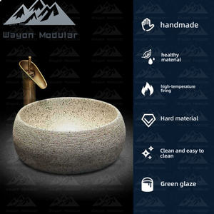 Lavabo rond sur plan en céramique texturée motif pierre Wayon pour projet hôtelier de luxe - Product Image 3