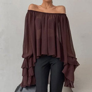 2025 autunno nuova camicetta in Chiffon sottile a maniche lunghe da <span class=keywords><strong>donna</strong></span> Sexy <span class=keywords><strong>marrone</strong></span> scuro con spalle scoperte tinta unita bottone Casual Vintage - Product Image 1