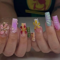 Nouveau design – Faux ongles longs en forme de cercueil à motifs floraux romantiques d'été, faits main et personnalisés, à presser, pour fête de filles, avec autocollants