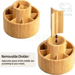 Bamboo Wood 360° Rotating Desktop Divider Office Storage Organizer Round Double-Layer Pen Holder with Non-slip Mat - Product Image 3