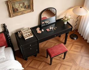 Premium Detachable Black Makeup <b>Vanity</b> Desk Set With Arched <b>Mirror</b> & Red Velvet Stool For Bedroom - Product Image 5