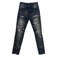 Jeans en denim noir pour hommes, vente en gros, style Y2K vintage, patchwork, appliqué, coupe slim, hiver, streetwear, hip hop
