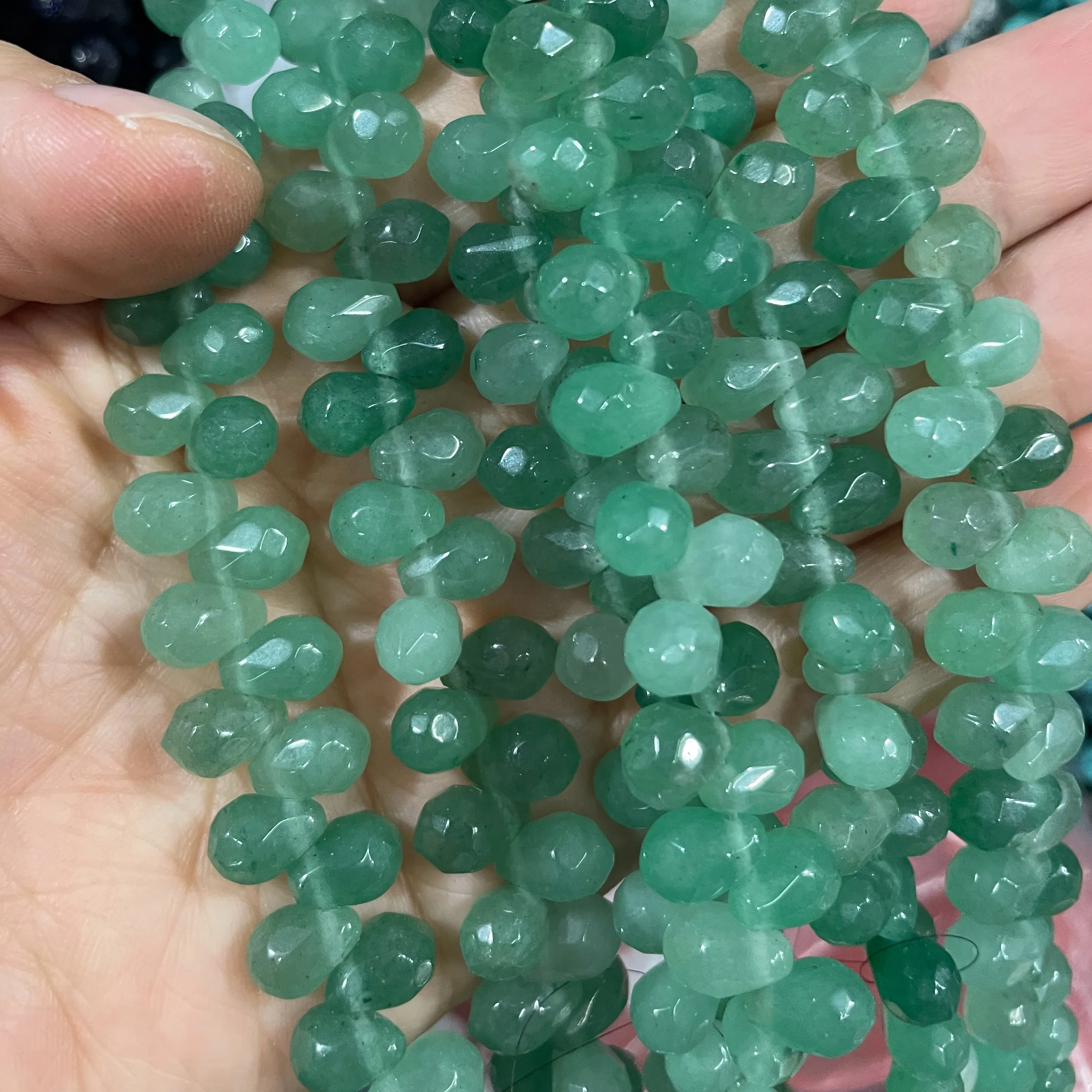 6X9mm Top Perfurado Gotas Facetadas Forma Beads Ágata Aventurina Verde Cristal Natureza Pedra Lateral Broca Corte Gotas Beads Para Jóias