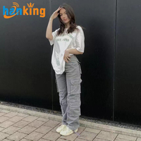 Ehanking Pantalon cargo baggy vintage à jambes larges pour femmes Jeans de style Y2K pour filles Vêtements et denim de style vintage Kpop pour femmes
