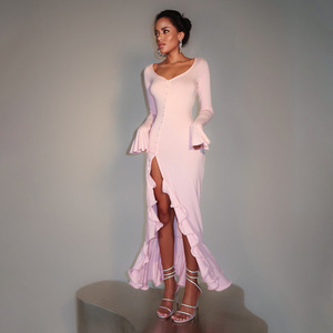 Robe de soirée style européen-américain à col en V, manches longues, volants sur les côtés, fente latérale, taille naturelle, respirante, pour les loisirs - Product Image 3