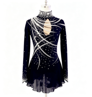 Robe de patinage artistique noire à col montant et manches longues en Spandex/Nylon, dos large ouvert, jupe ornée de strass, pour enfants, compétition sur glace