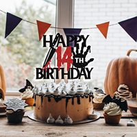 Décoration de gâteau Joyeux 14ème Anniversaire à Paillettes Noires, Thème Halloween Zombie Vampire Saignant, Anniversaire Horreur d'Halloween