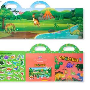 Pegatina con tema de dinosaurio, libro silencioso, almohadillas reutilizables, actividad de moda extraíble, Escena de dibujos animados, pegatinas de animales, libro ocupado - Product Image 1