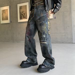 Pantalones Vaqueros Anchos de Estilo Moderno para Hombre, Pantalones Largos 3D de Alta Gama con Estampado de Grafiti Pintado a Mano, Estilo Hip Hop Desgastado - Product Image 4