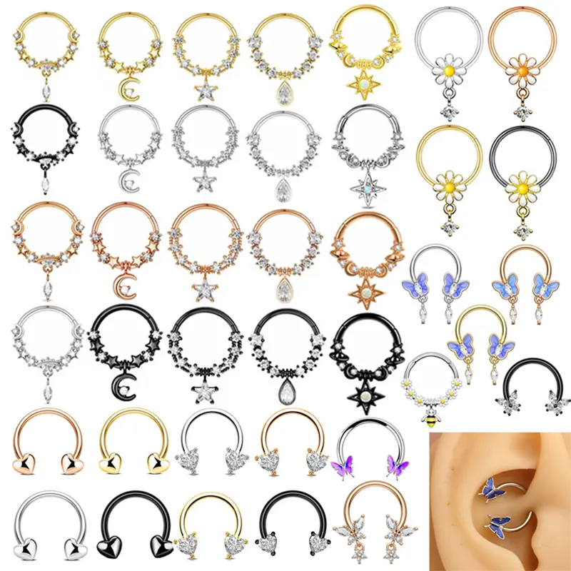 16G burun yüzük Septum Piercing takı Clicker Hoop Segment vücut kiti at nalı halter paslanmaz çelik kıkırdak küpe